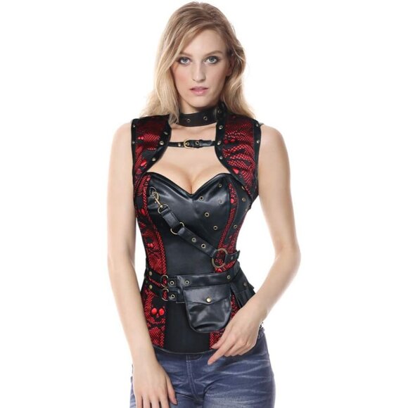 Women First Black\RED Steampunk Vintage Spiral Steel Boned Corset Bustier - Picture 3 of 6